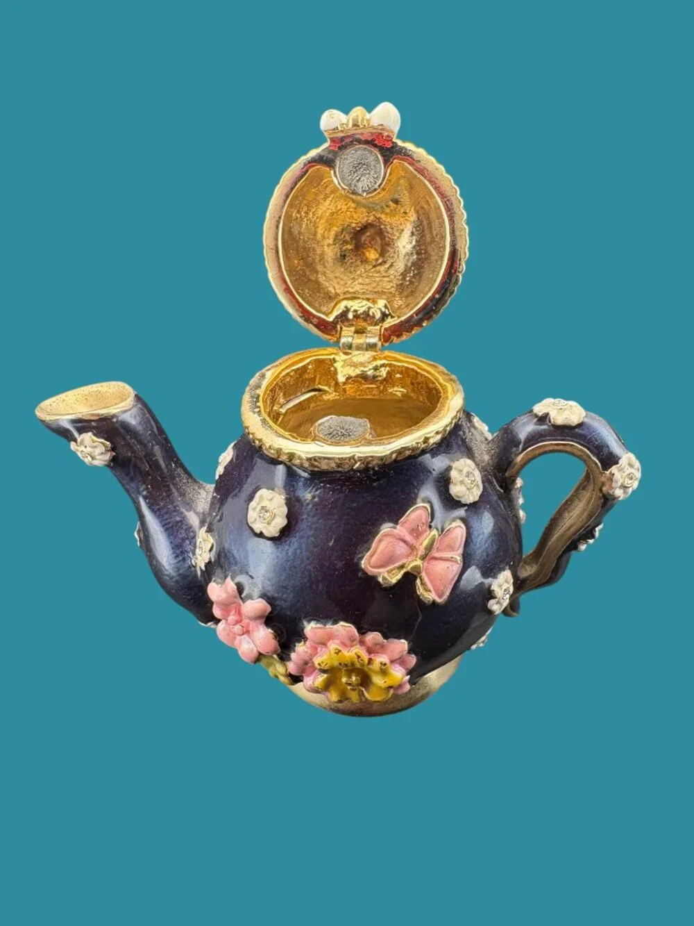 Mini Teapot Trinket Box Hinged Enamel Magnet Closure, Size 1.8